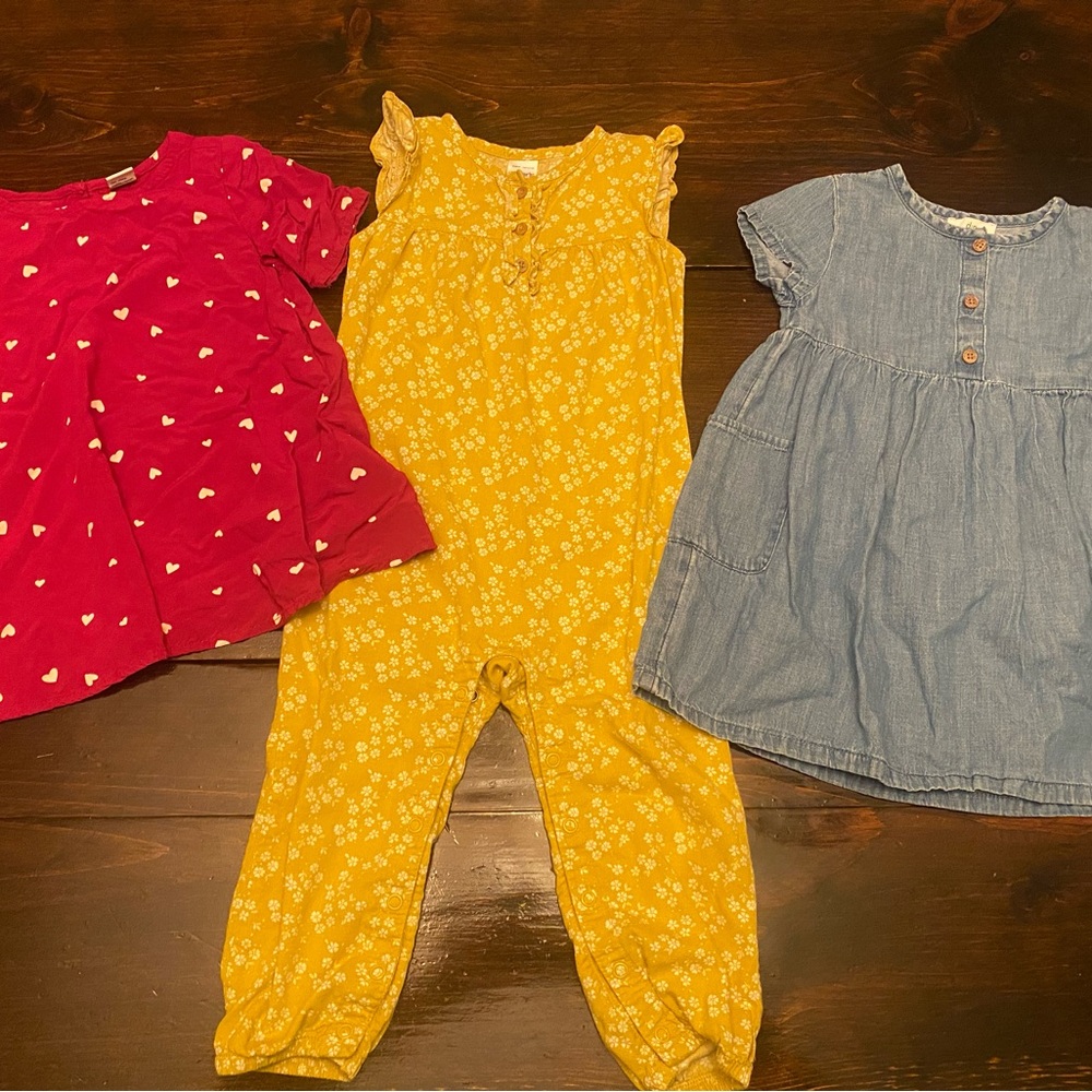 Bundle of 3: Pink Heart-Print Dress, Yellow Romper, & Denim Dress